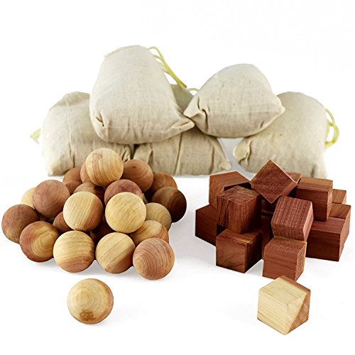 Aszaro Cubos y bolas de cedro en saquitos, 40 unidades, 20 bolas de madera de cedro natural, 20 cubos y 5 saquitos, repelente de polillas, moho y humedad para fácil cuidado de la ropa