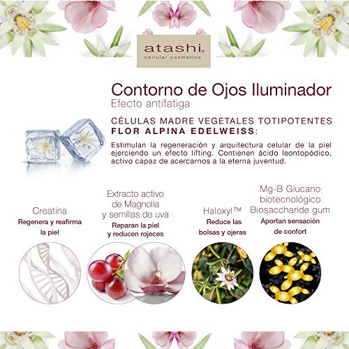 Atashi Firmeza y Luminosidad - Contorno de Ojos Lifting Iluminador Antifatiga, Reduce Bolsas y Ojeras Al Instante, Rejuvenece e Ilumina Mirada, Sin Fatiga, Ácido Leontopódico y Haloxyl - 15 ml