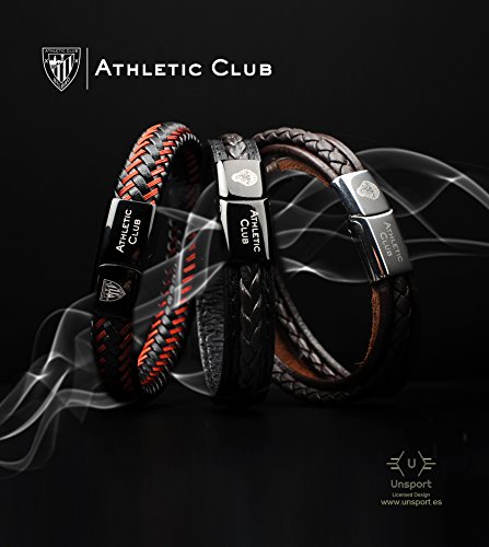 Athletic Club Bilbao Pulsera Oficial Piel Negra Trenza Doble con Detalles Rojos y Cierre Negro, Grabado Escudo y Letras