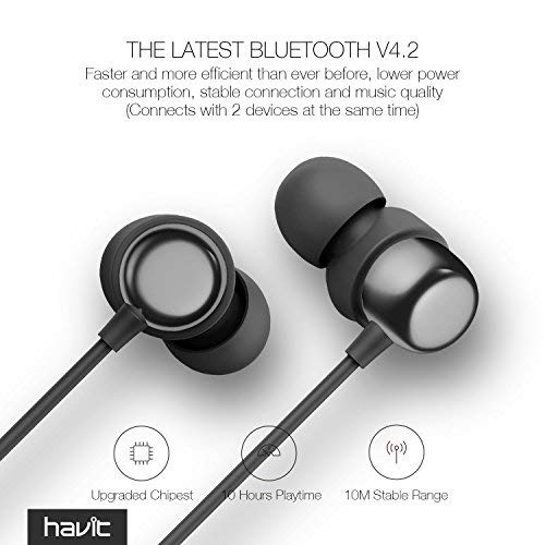 Auriculares Bluetooth HAVIT Auricular Inalámbricos Cascos Deportivos V4.2 IPX5 impermeable Magnéticos In-ear Estéreocon Mic para Xiaomi, Samsung, Huawei y otros(I39,Negro）