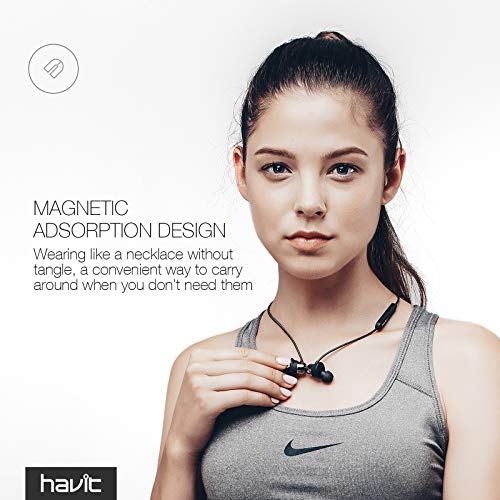 Auriculares Bluetooth HAVIT Auricular Inalámbricos Cascos Deportivos V4.2 IPX5 impermeable Magnéticos In-ear Estéreocon Mic para Xiaomi, Samsung, Huawei y otros(I39,Negro）