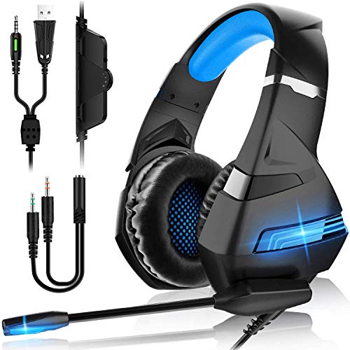 Auriculares Gaming PS4,Cascos Gaming de Mac Estéreo con Micrófono Cascos Gaming 3.5mm Jack con Luz LED Bass Surround y Cancelación de Ruido Auriculares Compatible con PC/Xbox One/ Switch