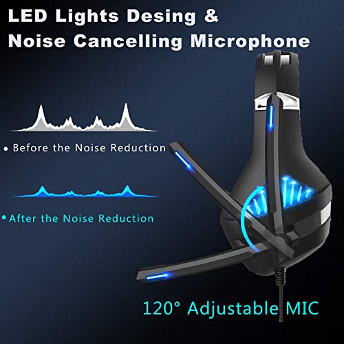 Auriculares PS4 para juegos con luz LED estéreo para juegos con auriculares de memoria suave y micrófono con cancelación de ruido para videojuegos, juegos de PC (azul)