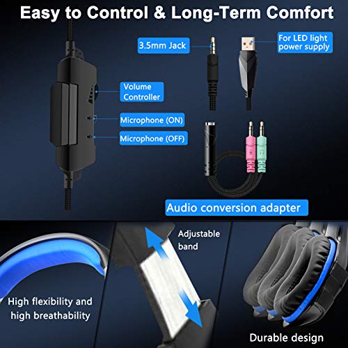Auriculares PS4 para juegos con luz LED estéreo para juegos con auriculares de memoria suave y micrófono con cancelación de ruido para videojuegos, juegos de PC (azul)
