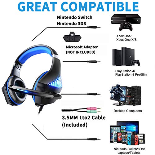 Auriculares PS4 para juegos con luz LED estéreo para juegos con auriculares de memoria suave y micrófono con cancelación de ruido para videojuegos, juegos de PC (azul)
