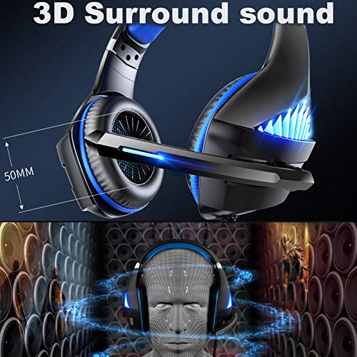 Auriculares PS4 para juegos con luz LED estéreo para juegos con auriculares de memoria suave y micrófono con cancelación de ruido para videojuegos, juegos de PC (azul)