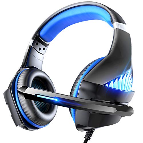 Auriculares PS4 para juegos con luz LED estéreo para juegos con auriculares de memoria suave y micrófono con cancelación de ruido para videojuegos, juegos de PC (azul)