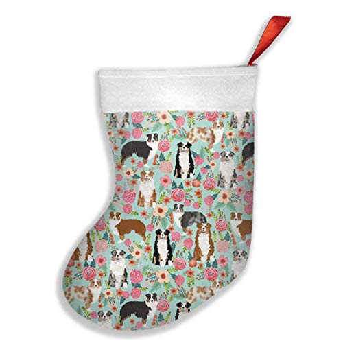 Aussie Florals Cute Mint Australian Shepherd Dogs Flowers Christmas Stockings, Socks for Family Holiday Xmas Party Decorations, Christmas Tree Hanging Toys, Candy Gift Bag Holders for Kids