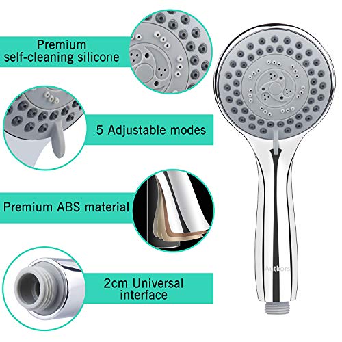 Autkors Alcachofa Ducha, Mano la Cabeza de Ducha Universal 5 Modos Cabezal de Ducha de Mano Ahorro de Agua Extraíble de Cromo Ducha de Masaje