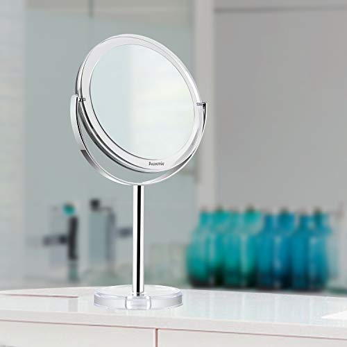 Auxmir Espejo de Maquillaje con Aumento 1X / 10X, Espejo Cosmético de Doble Cara, Espejo de Mesa con Rotación de 360° para Maquillaje, Afeitado y Cuidado Facial, Plata