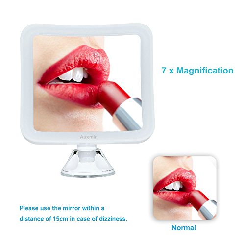Auxmir Espejo Maquillaje con Luz LED 7X Aumento Espejo Cosmético Iluminoso con Ventosa, 360 Rotación, Cuadrangular Portátil y Inalámbrico, para Afeitado y Maquillaje, Blanco