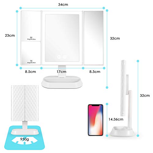 Auxmir Espejo Maquillaje con Luz LED Aumento 1X/5X/7X Espejo Cosmético Iluminado, 90 Rotación, 3 Colores Brillo Luz Ajuetable, Recargable USB con Pila para Afeitado y Maquillaje, Blanco