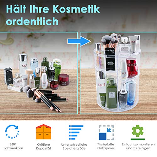Auxmir Organizador de Maquillaje de Rotación 360°, Organizador Cosmético de Belleza Ajustable, Caja Cosmética de Maquillaje Para Tocador, Baño, Dormitorio, Transparente