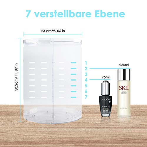 Auxmir Organizador de Maquillaje de Rotación 360°, Organizador Cosmético de Belleza Ajustable, Caja Cosmética de Maquillaje Para Tocador, Baño, Dormitorio, Transparente