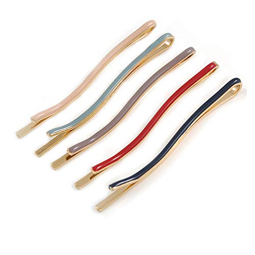 Avalaya - Juego de 5 pasadores de Pelo ondulados esmaltados Multicolor en Tono Dorado, 65 mm de Largo