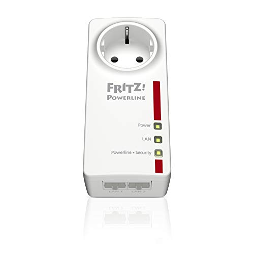 AVM FRITZ!Powerline 1220E Set International - Adaptador/extensor de red por línea eléctrica, PLC, compatible HomePlug AV2, IEEE P1901, 1200 Mbps, 2 puertos LAN Gigabit, toma de corriente integrada