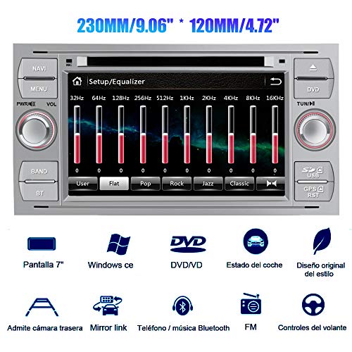 AWESAFE Radio Coche 7 Pulgadas para Ford con Pantalla Táctil 2 DIN, Autoradio de Ford con Bluetooth/GPS/FM/RDS/CD DVD/USB/SD, Apoyo Mandos Volante, Mirrorlink y Aparcamiento (Plata)