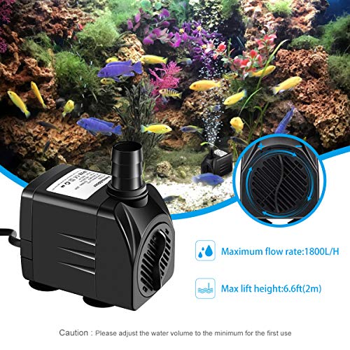 Awroutdoor Bomba de Agua Sumergible, 25W 1800 L/H Mini Bomba de Agua,Ultra Silencioso Bomba de Acuario para Estanque Pecera Fuente Circulación de Agua Dulce y 3 Boquillas,Cable de 1.9M