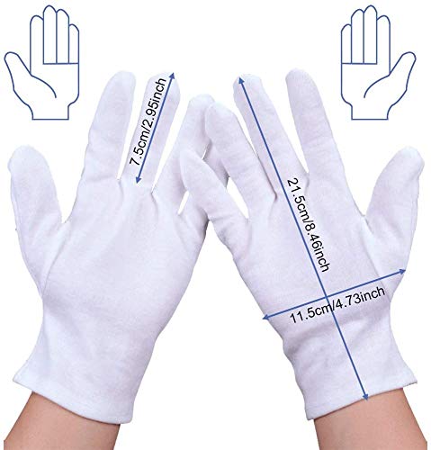 AYUQI 12 pares de guantes de algodón blanco, guantes de tela blanca, guantes de algodón, cómodos y transpirables, para el cuidado de la piel, examen de joyas, trabajo diario, etc-L