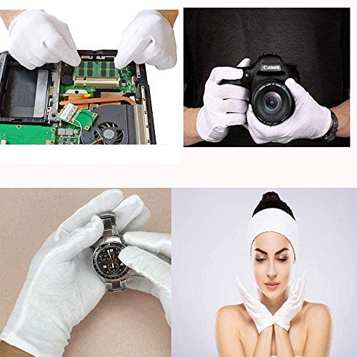 AYUQI 12 pares de guantes de algodón blanco, guantes de tela blanca, guantes de algodón, cómodos y transpirables, para el cuidado de la piel, examen de joyas, trabajo diario, etc-L