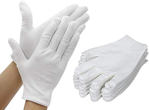 AYUQI 12 pares de guantes de algodón blanco, guantes de tela blanca, guantes de algodón, cómodos y transpirables, para el cuidado de la piel, examen de joyas, trabajo diario, etc-L