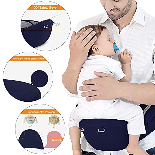 Azeekoom Mochila Portabebés Ergonómica con Asiento de Cadera, Correa de fijación, Baberos, Correa para el Hombro, Capucha para la Cabeza para Niños Pequeños Recién Nacidos 3 a 48 Meses (Azul oscuro)