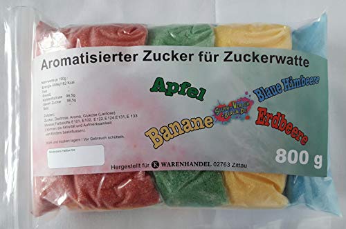 Azúcar para algodón de azúcar colorido con sabor 4 x 200 g – manzana – fresa – plátano – frambuesa azul ✔ perfecto para cualquier máquina de algodón de azúcar adecuado .800 gramos en total.