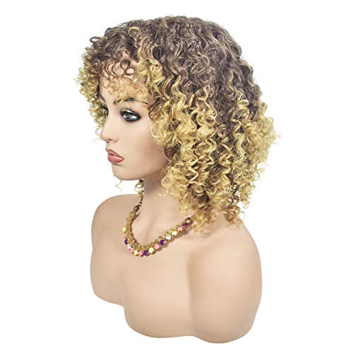 BA Sha - Peluca corta sintética, rizada, castaña y rubia, mechas californianas, pelo afro, con gorro