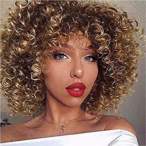 BA Sha - Peluca corta sintética, rizada, castaña y rubia, mechas californianas, pelo afro, con gorro