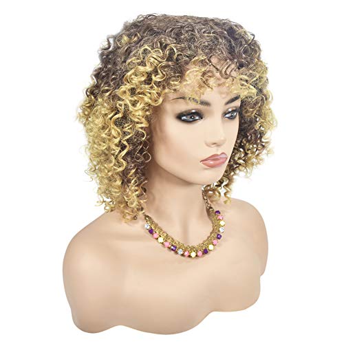 BA Sha - Peluca corta sintética, rizada, castaña y rubia, mechas californianas, pelo afro, con gorro