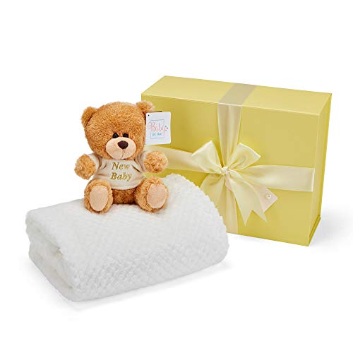 Baby Box Shop - Cesta regalo bebe - Regalos originales para baby shower con esenciales para bebes recien nacidos que incluye oso de peluche y caja recuerdos color limón