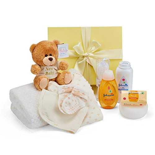 Baby Box Shop - Cesta regalo bebe - Regalos originales para baby shower con esenciales para bebes recien nacidos que incluye oso de peluche y caja recuerdos color limón