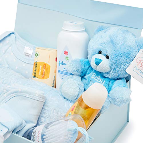 Baby Box Shop - Cesta regalo bebe - Regalos originales para baby shower con esenciales para bebes recien nacidos que incluye oso de peluche y caja recuerdos azul