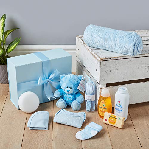 Baby Box Shop - Cesta regalo bebe - Regalos originales para baby shower con esenciales para bebes recien nacidos que incluye oso de peluche y caja recuerdos azul
