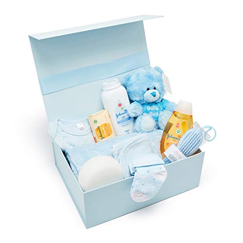 Baby Box Shop - Cesta regalo bebe - Regalos originales para baby shower con esenciales para bebes recien nacidos que incluye oso de peluche y caja recuerdos azul