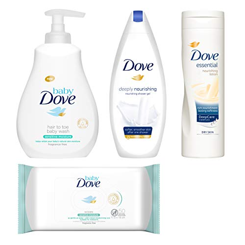 Baby Dove, juego hidratante ligero hidratante sensible, toallitas para bebés, baños y mamás, suave, suave y amable a la piel, vitalización diaria para el cuidado y la piel sana