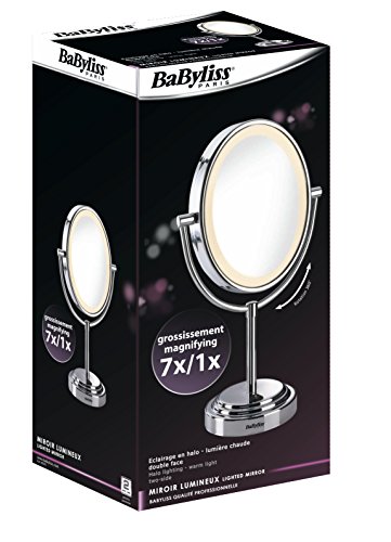 BaByliss 8437E - Espejo ovalado con 2 caras, contorno luminoso de luz cálida, 7 aumentos, marco pivotante y base antideslizante