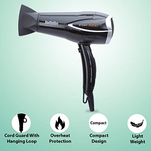 BaByliss Expert - Secador para el pelo con difusor, 2200 W, aire frío, 25% de ahorro de energía, 3 velocidades/temperaturas, color negro