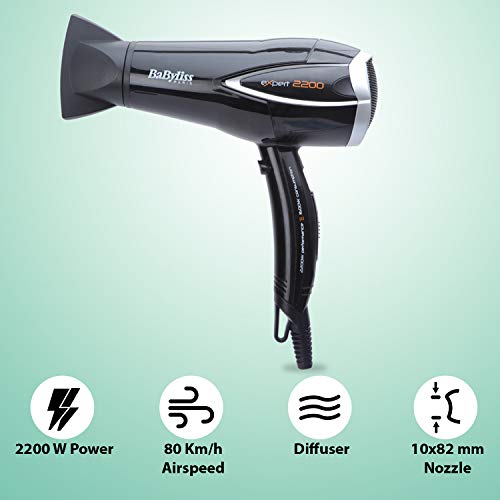 BaByliss Expert - Secador para el pelo con difusor, 2200 W, aire frío, 25% de ahorro de energía, 3 velocidades/temperaturas, color negro