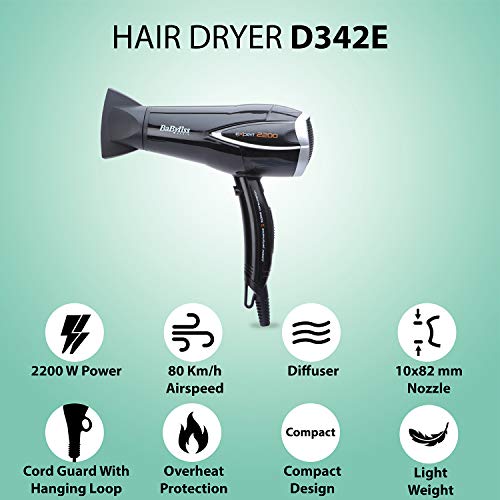BaByliss Expert - Secador para el pelo con difusor, 2200 W, aire frío, 25% de ahorro de energía, 3 velocidades/temperaturas, color negro