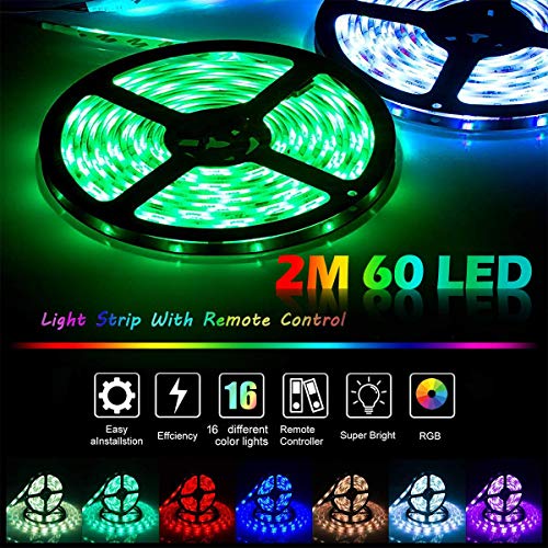 BACKTURE Luces LED Habitacion, 2M Tira LED 60 LED RGB 5050 Luz Led Multicolor con Con Remoto,16 RGB Colores y 4 Modos, Luces Decorativas para Habitación, Dormitorio, Mesa Gaming