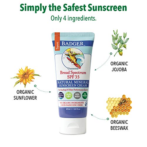Badger Company, Sport Sunscreen, Broad Spectrum SPF 35, Unscented, 2.9 fl oz (87 ml)