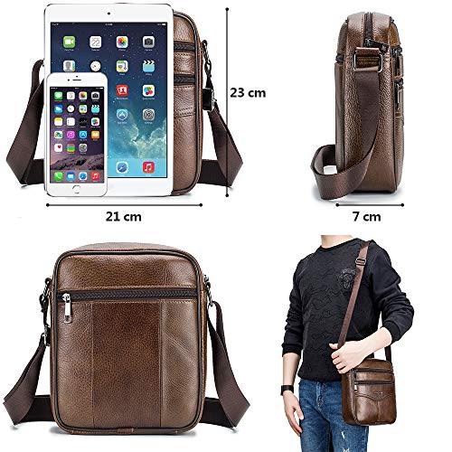 BAGZY Bolso de hombro de cuero para hombre Bolsa de mensajero Crossbody Cartera Bolso Mango superior Viajar Maletín Bolsa de negocios Bolso Bandolera de piel auténtica para la tableta Ipad Marrón