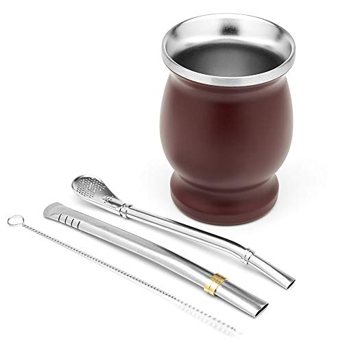 BALIBETOV Set de Mate de Doble Pared de Acero Inoxidable - Alternativa Mate de Calabaza - facil de Limpiar - Incluye 2 Bombillas (sorbetes) para Yerba Mate (Bordo)