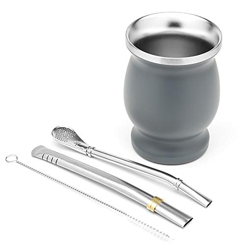 BALIBETOV Set de Mate de Doble Pared de Acero Inoxidable - Alternativa Mate de Calabaza - facil de Limpiar - Incluye 2 Bombillas (sorbetes) para Yerba Mate (Gris)