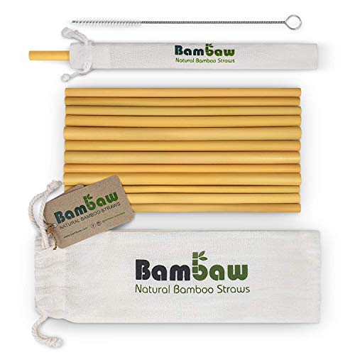 Bambaw Pajitas de Bambú | Pajitas Reutilizables | Fabricadas en Bali | Pack 12 Pajitas Biodegradables | Pajitas Cócteles | Pajitas Largas | Incluye Cepillo de Limpieza y Bolsa de Jute (22 cm)
