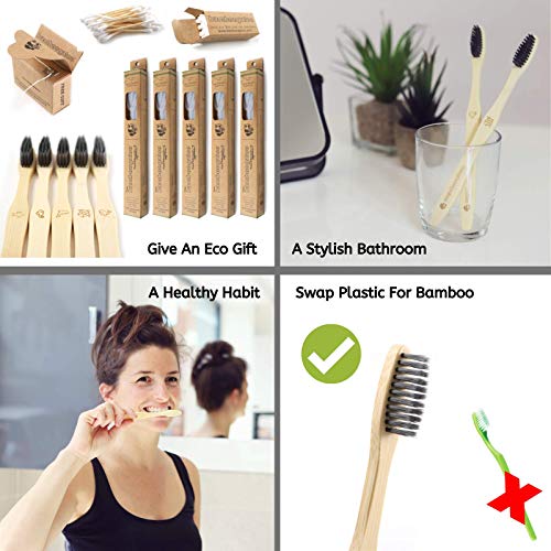 BAMBOOGALOO Cepillo Dientes Carbón Bambú Orgánico x5 -Cepillos de Dientes de Bambú con GRATIS Bastoncillos de Bambú y Hilo Dental. Ecológico, Biodegradables y Sin Plástico Embalaje. Cerdas Suave