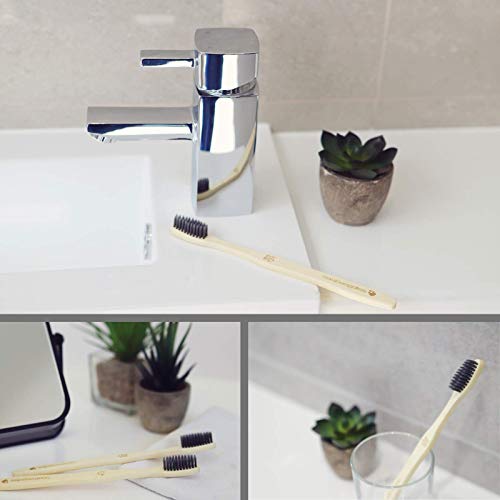 BAMBOOGALOO Cepillo Dientes Carbón Bambú Orgánico x5 -Cepillos de Dientes de Bambú con GRATIS Bastoncillos de Bambú y Hilo Dental. Ecológico, Biodegradables y Sin Plástico Embalaje. Cerdas Suave