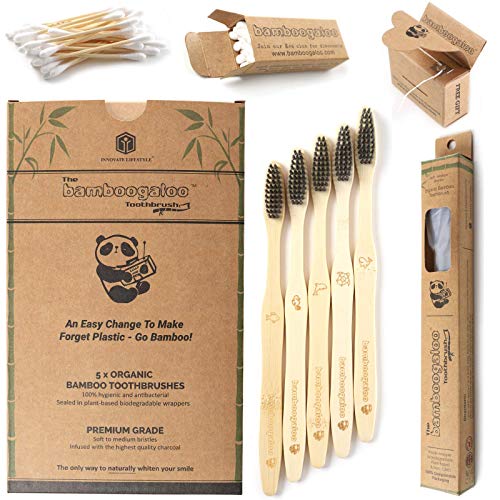 BAMBOOGALOO Cepillo Dientes Carbón Bambú Orgánico x5 -Cepillos de Dientes de Bambú con GRATIS Bastoncillos de Bambú y Hilo Dental. Ecológico, Biodegradables y Sin Plástico Embalaje. Cerdas Suave