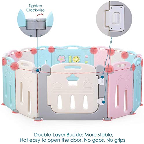Bamny Parque Infantil Bebe con Puerta de Plástico Extensible, Corralito Bebe Plegable para Niños de 0 a 6 Años (Rosa + Azul + Luna, 12 + 2)